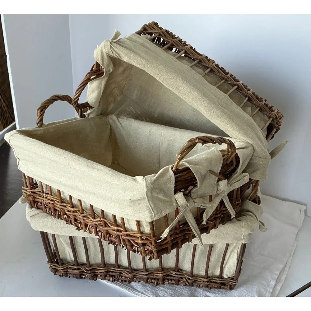 Rustic Twig Nesting Baskets Set of 3 Fabric Lined Brown Farmhouse Home‎
